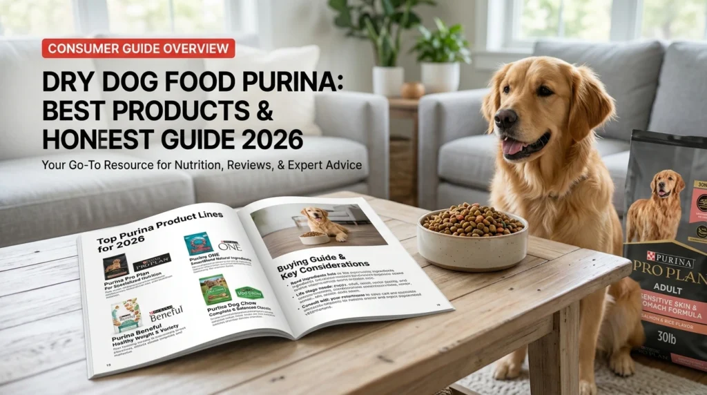 dry dog food Purina Pro Plan bag with happy Labrador dog