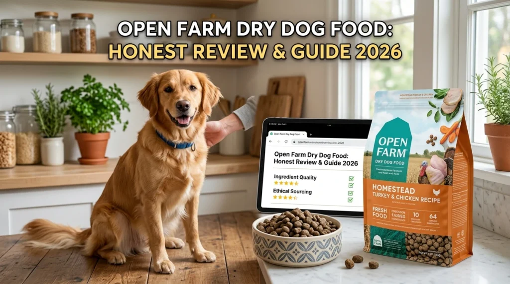 Open Farm dry dog food bag showing humanely raised ingredients label