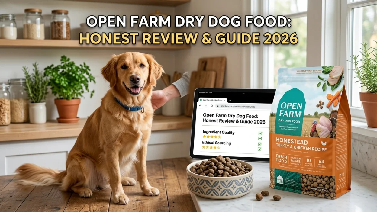 Open Farm dry dog food bag showing humanely raised ingredients label
