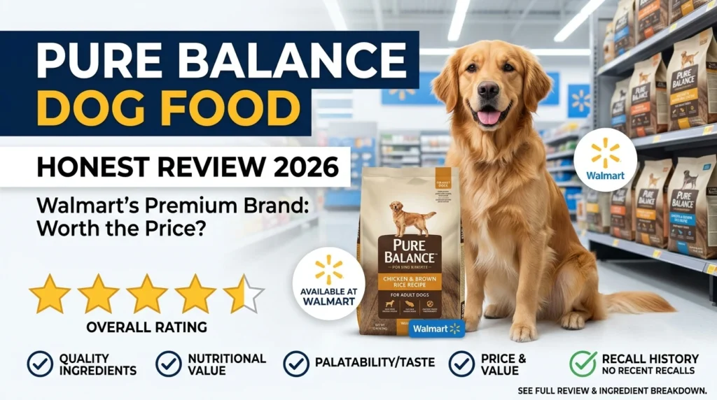 Pure Balance dog food Walmart bag with dog eating from bowl