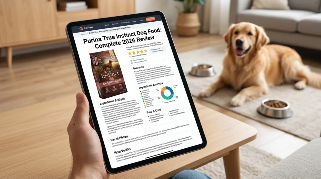 Purina True Instinct dog food bag with real chicken beside a dog bowl