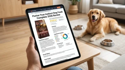 Purina True Instinct dog food bag with real chicken beside a dog bowl