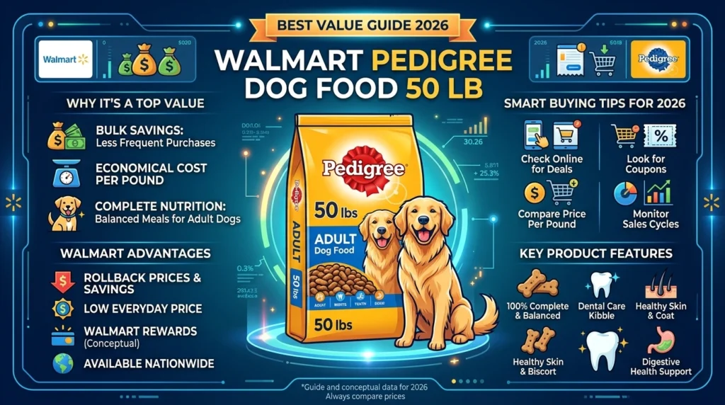 walmart pedigree dog food 50 lb bag on store shelf with labrador