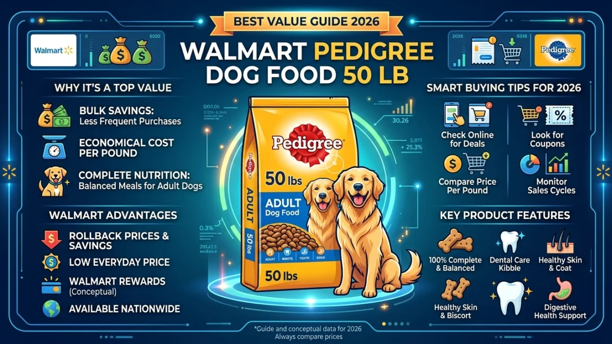 walmart pedigree dog food 50 lb bag on store shelf with labrador