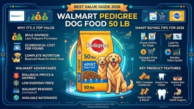 walmart pedigree dog food 50 lb bag on store shelf with labrador
