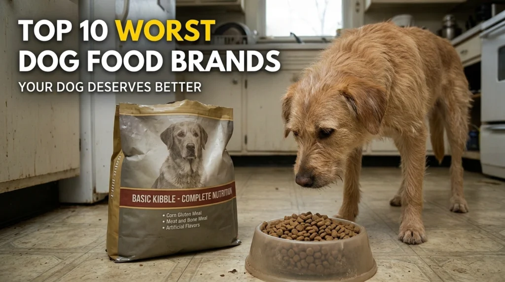 top 10 worst dog food brands owner reading ingredient label in pet store