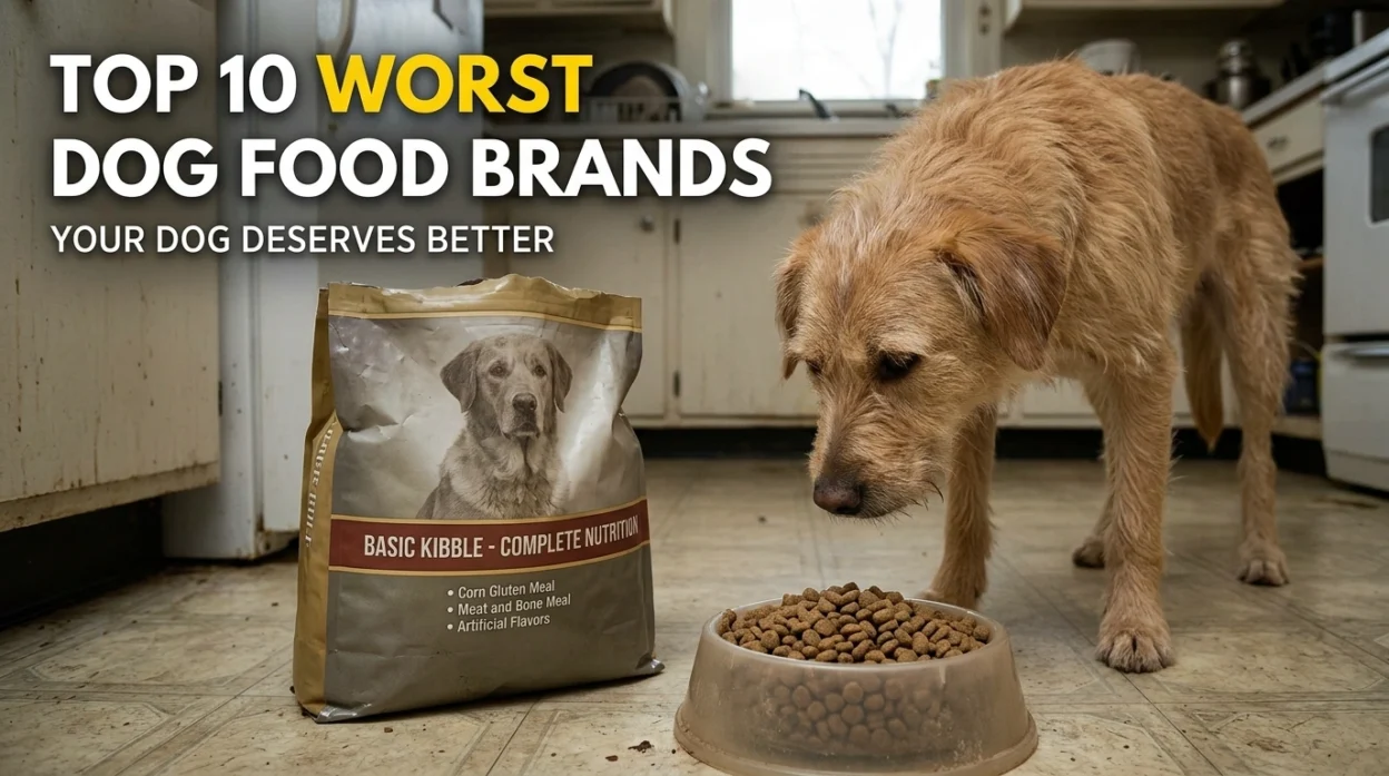 top 10 worst dog food brands owner reading ingredient label in pet store