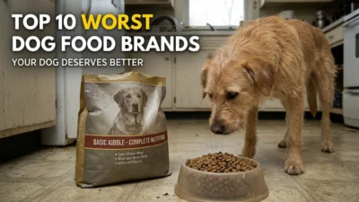 top 10 worst dog food brands owner reading ingredient label in pet store