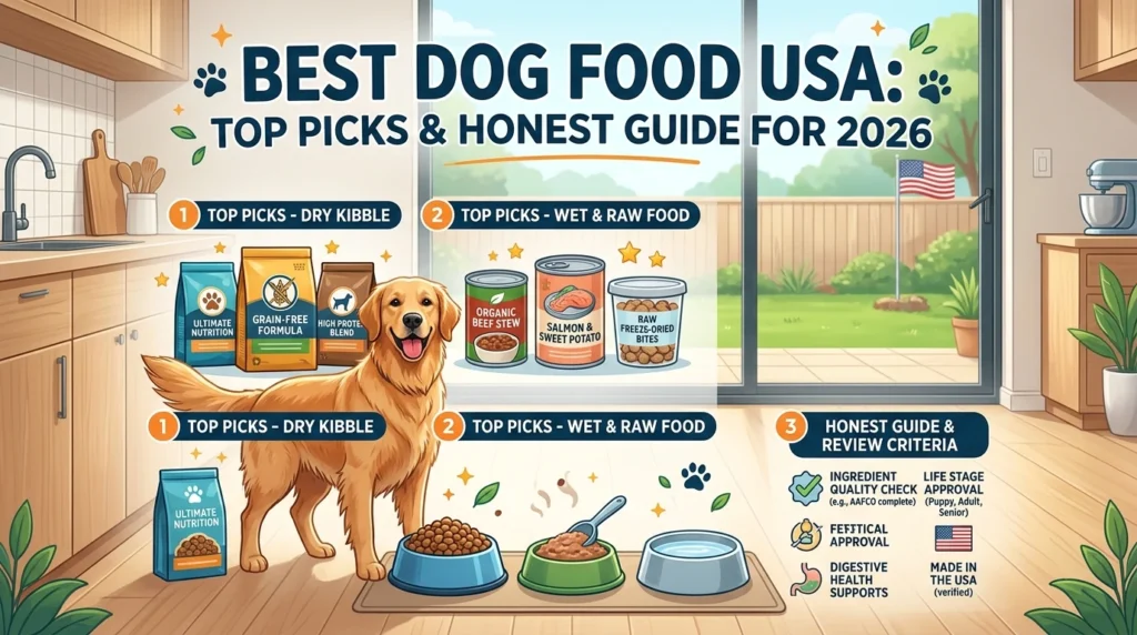 Best dog food USA brands displayed on a kitchen counter with a happy dog