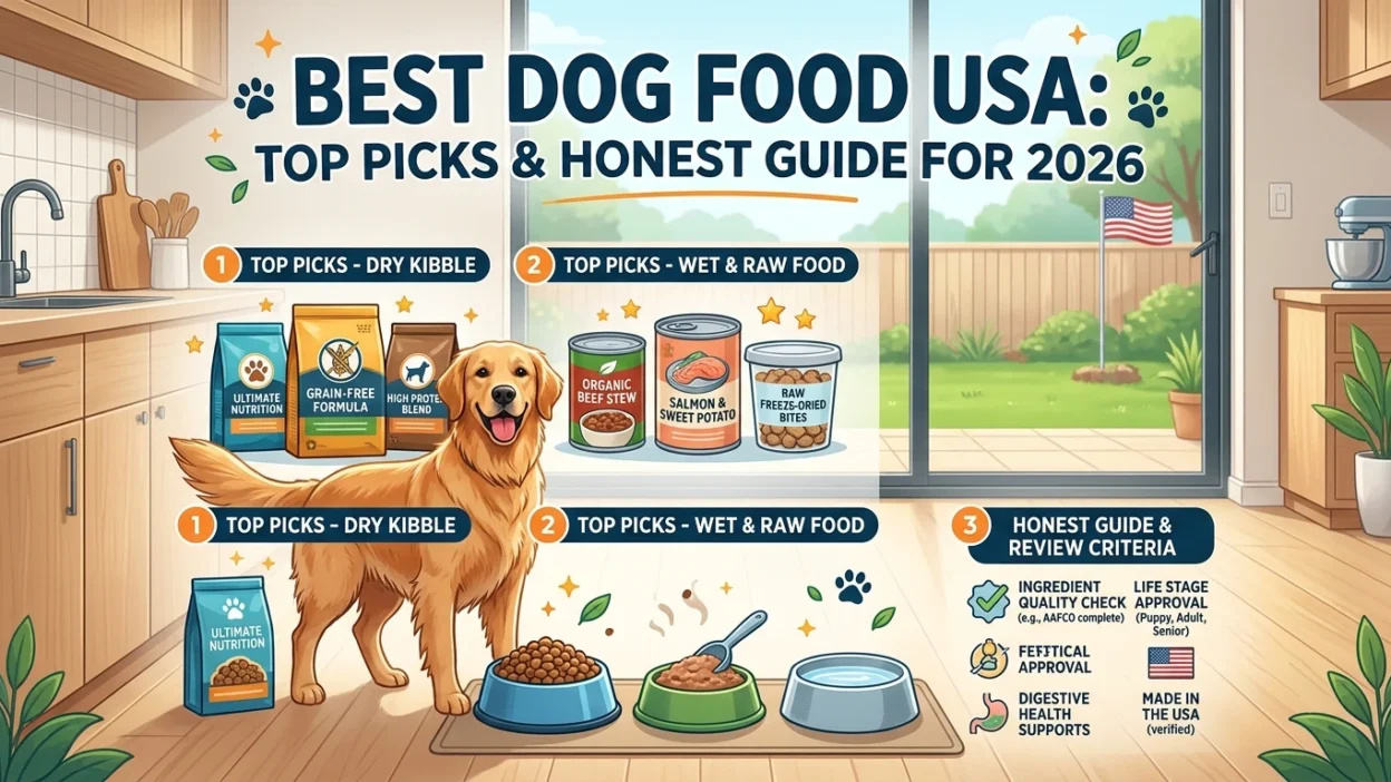 Best dog food USA brands displayed on a kitchen counter with a happy dog