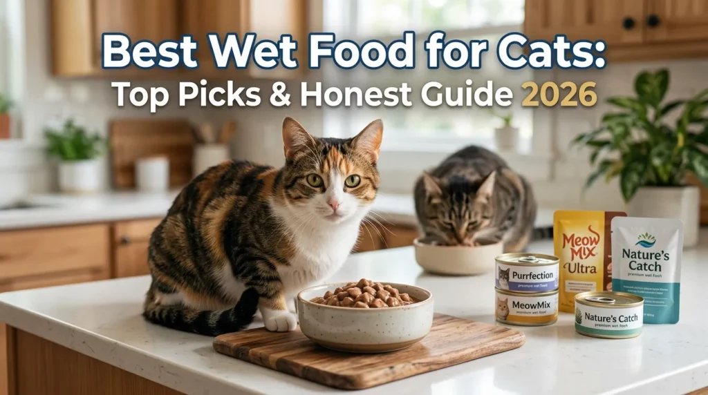 Best wet food for cats shown in bowl with happy cat eating beside it