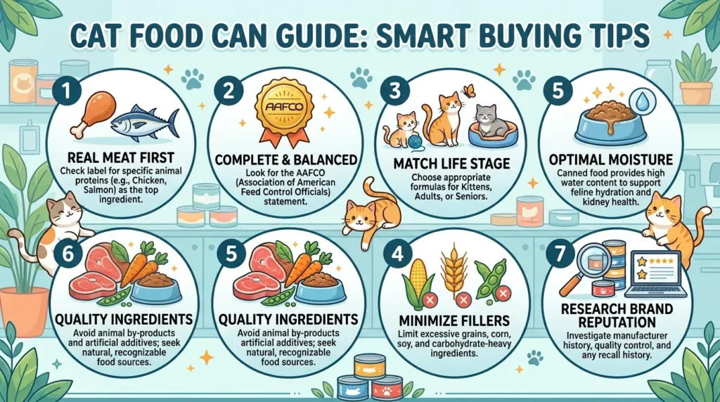 cat food can beside a healthy cat and wet food bowl