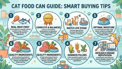 cat food can beside a healthy cat and wet food bowl