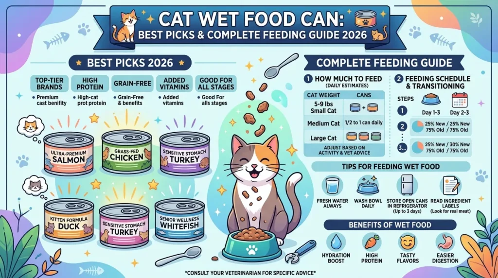Cat wet food can opened beside a happy cat eating from a bowl