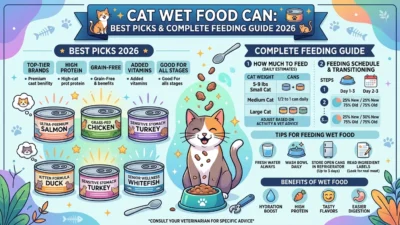 Cat wet food can opened beside a happy cat eating from a bowl