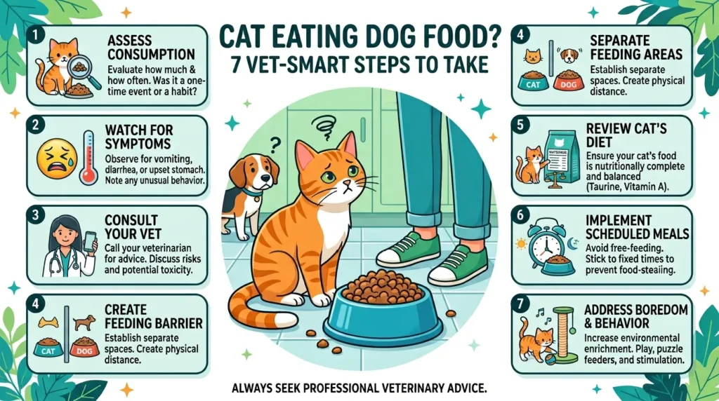 Cat eating dog food beside a dog in a bright kitchen