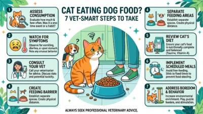 Cat eating dog food beside a dog in a bright kitchen