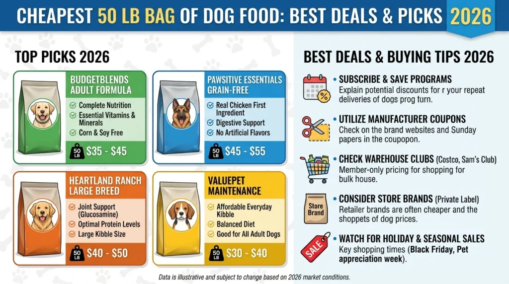 Cheapest 50 lb bag of dog food options displayed on store shelf