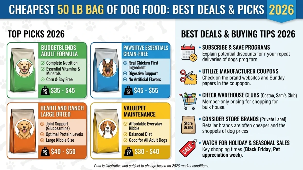 Cheapest 50 lb bag of dog food options displayed on store shelf