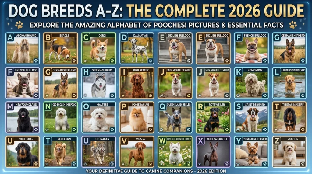 Dog breeds A-Z with pictures showing diverse dog breeds together