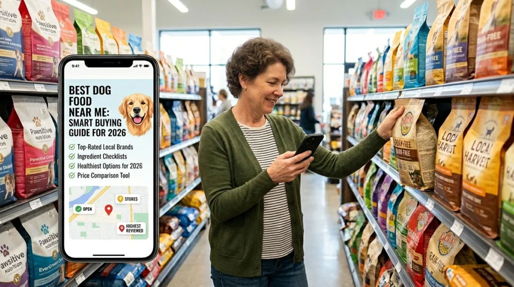 Person finding best dog food near me at local pet store aisle