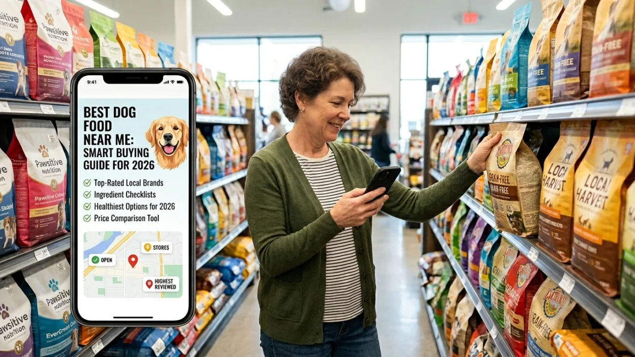 Person finding best dog food near me at local pet store aisle
