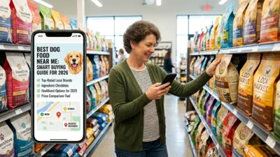Person finding best dog food near me at local pet store aisle