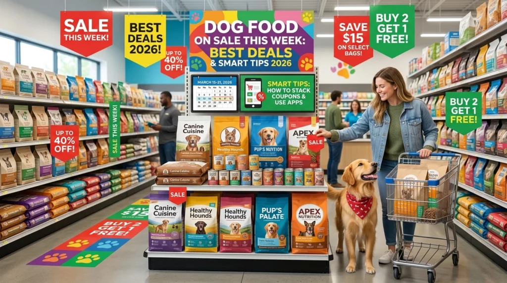 Dog food on sale this week with discount tags at pet store
