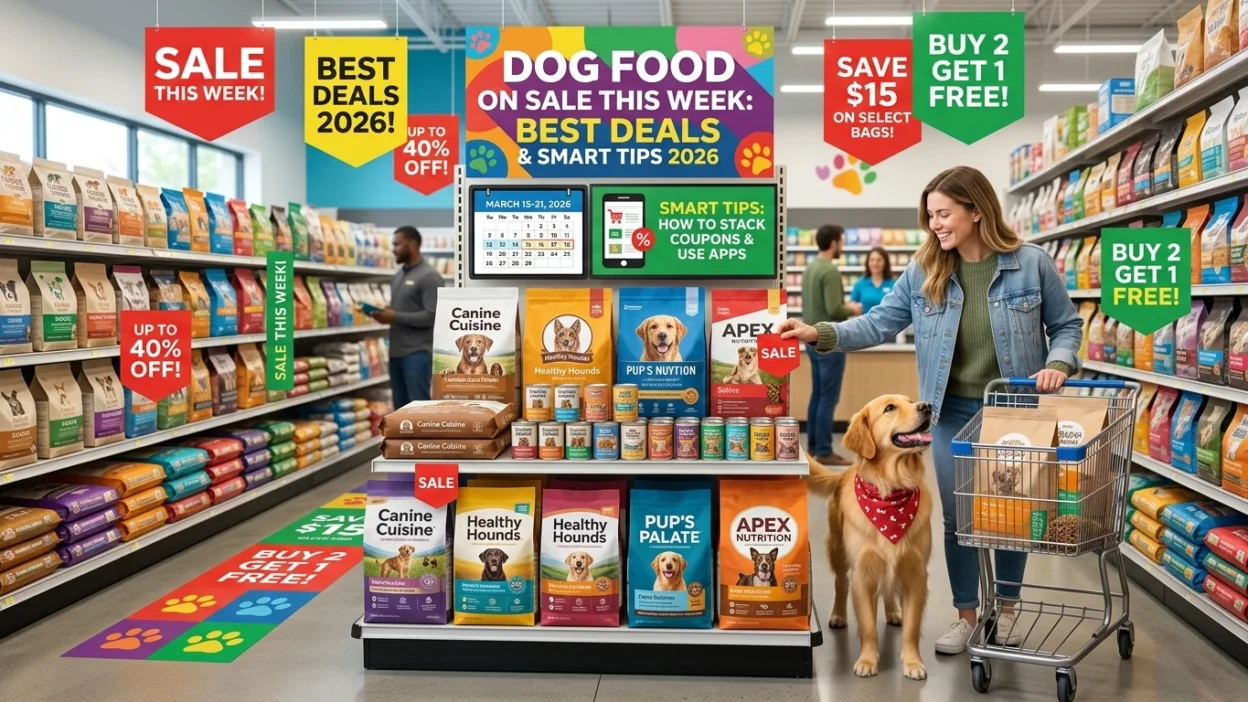 Dog food on sale this week with discount tags at pet store