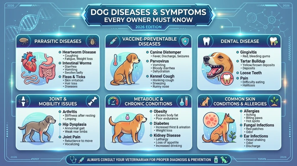 Dog diseases and symptoms guide showing a vet examining a dog