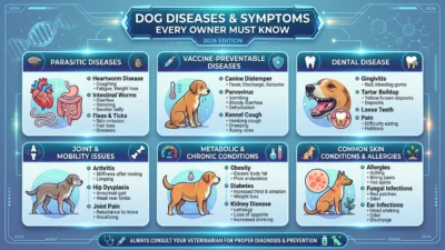 Dog diseases and symptoms guide showing a vet examining a dog