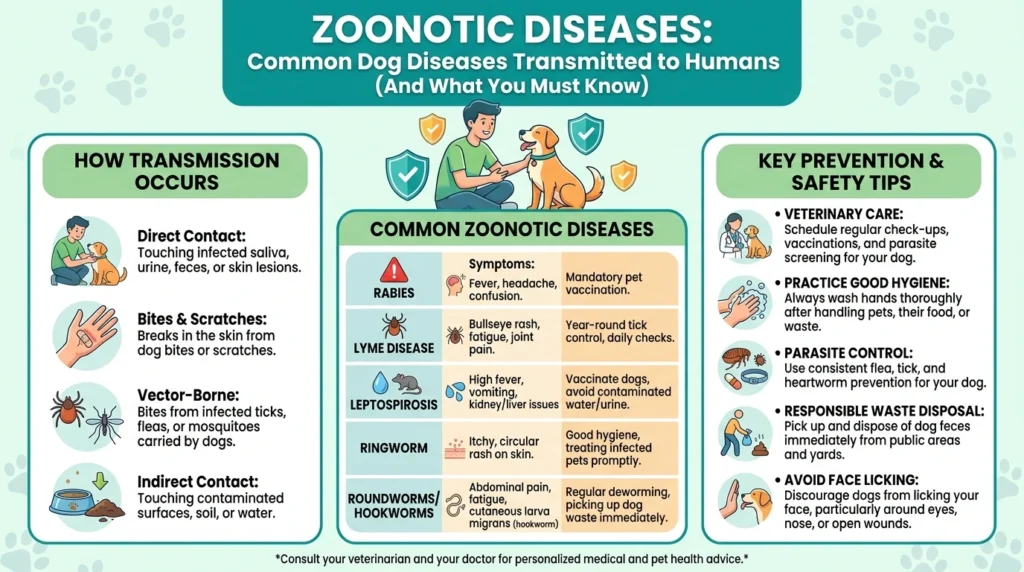 Dog diseases transmitted to humans owner with dog and health symbols