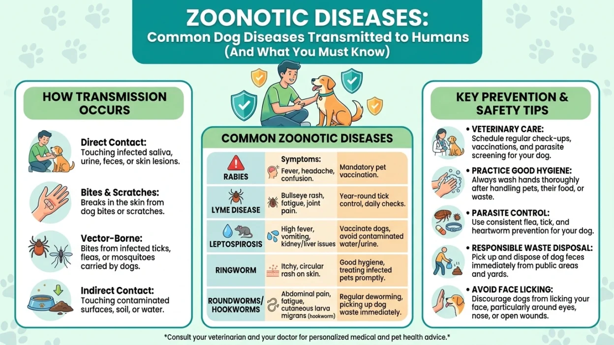 Dog diseases transmitted to humans owner with dog and health symbols