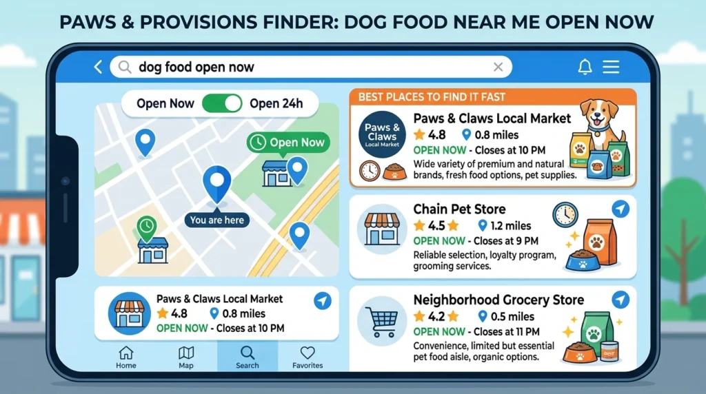 Dog food near me open now pet store shelf with dog food brands