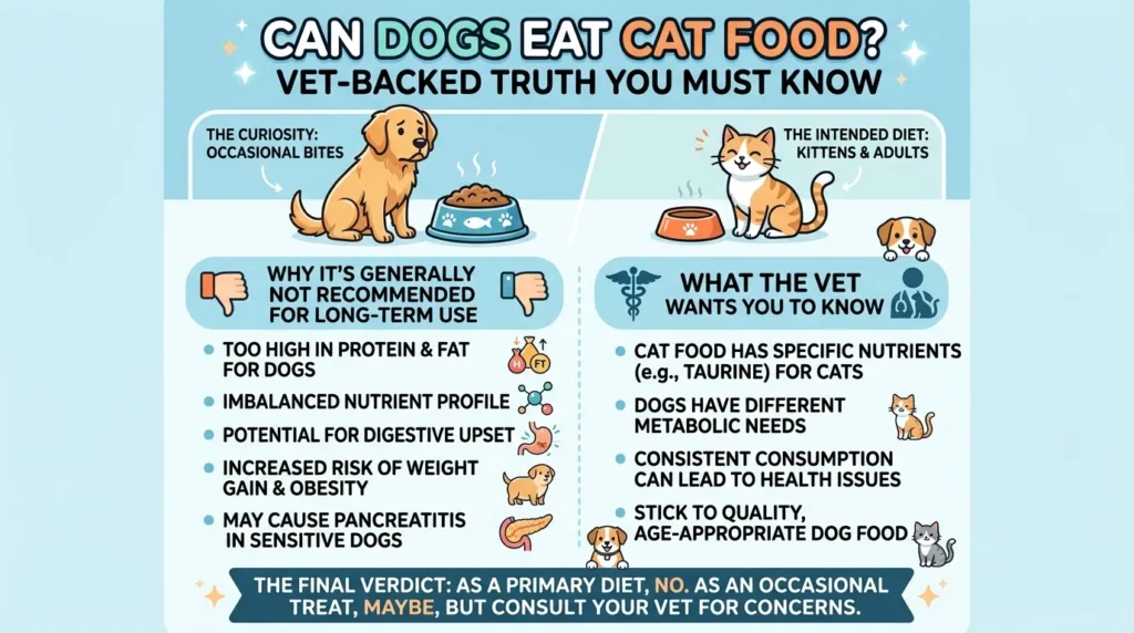 Can dogs eat cat food dog sniffing cat food bowl on kitchen floor