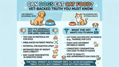 Can dogs eat cat food dog sniffing cat food bowl on kitchen floor