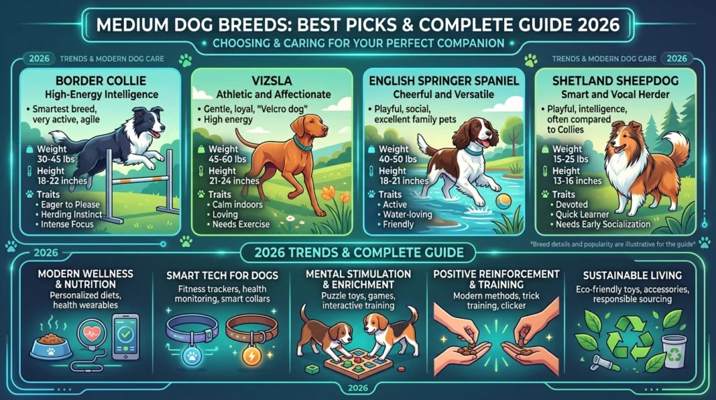 Medium dog breeds sitting together showing variety of popular breeds