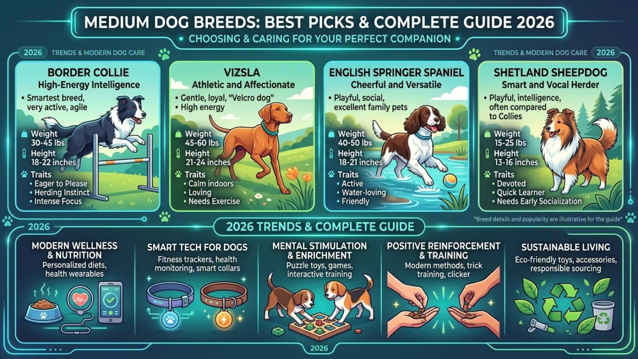 Medium dog breeds sitting together showing variety of popular breeds