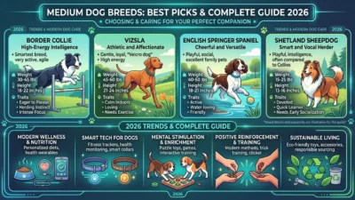 Medium dog breeds sitting together showing variety of popular breeds