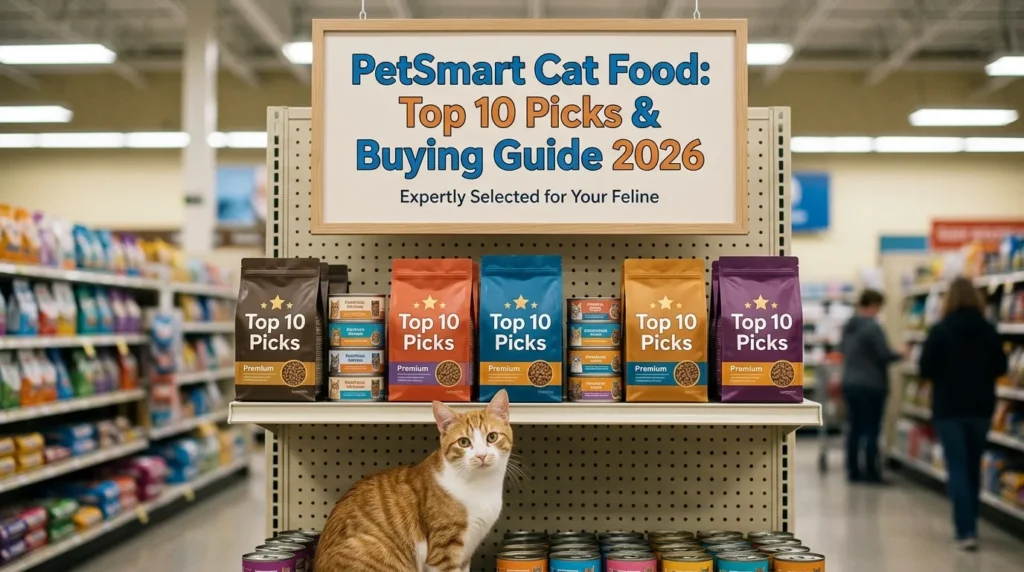 PetSmart cat food aisle showing variety of brands and bags