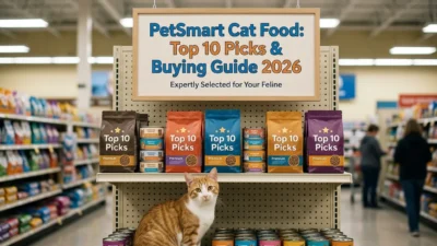 PetSmart cat food aisle showing variety of brands and bags