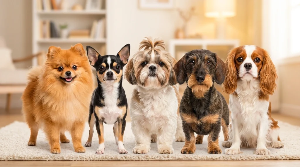 Small dog breeds sitting together showing different types and sizes