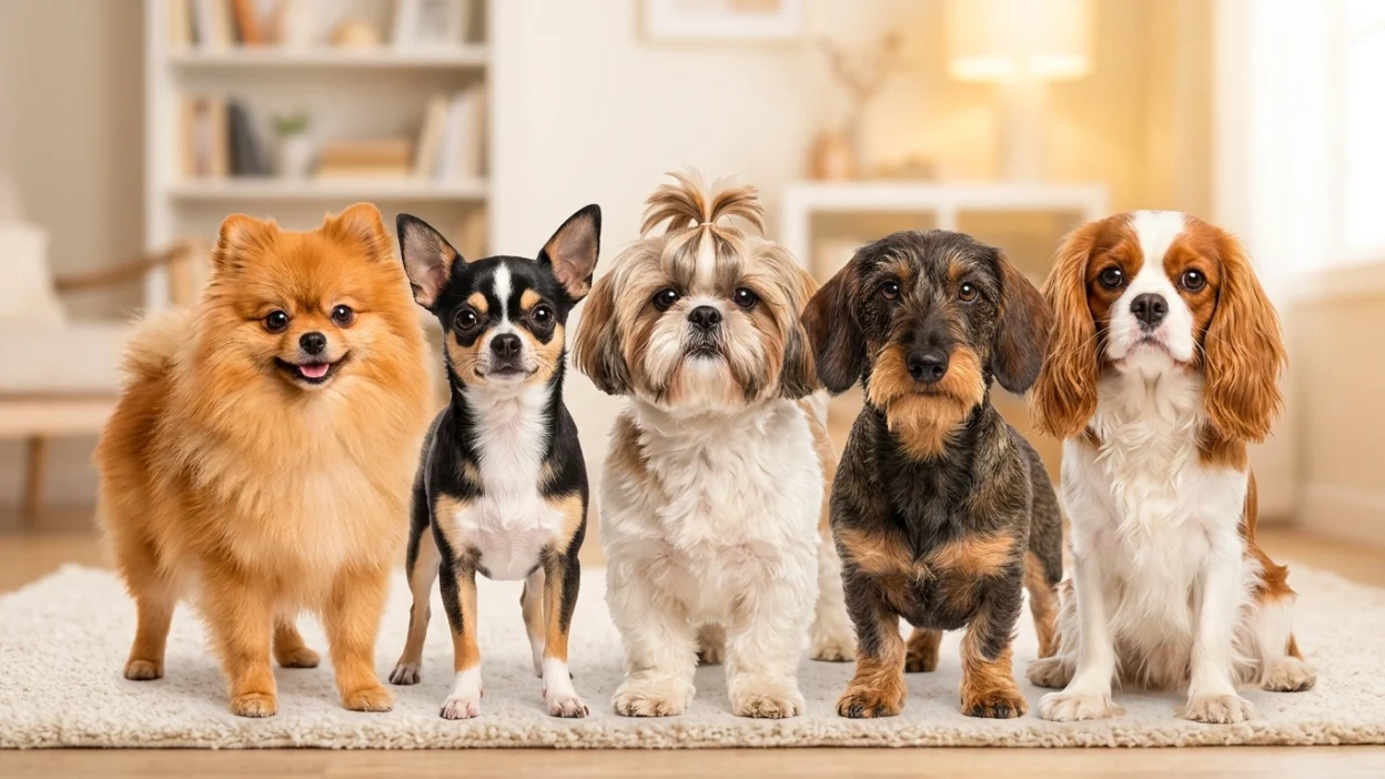 Small dog breeds sitting together showing different types and sizes