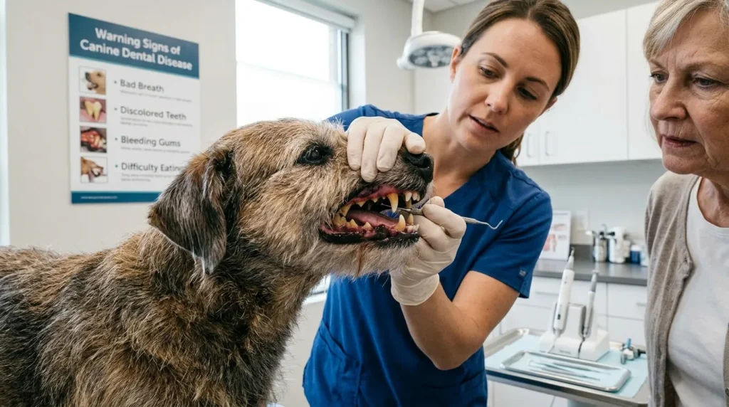 Bad dog teeth showing plaque buildup and gum disease in a close-up photo