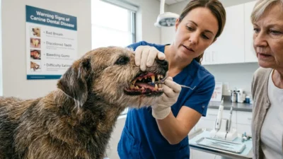 Bad dog teeth showing plaque buildup and gum disease in a close-up photo
