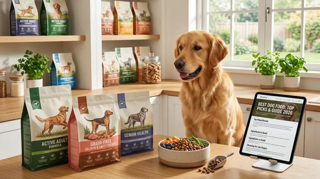 Best dog food options displayed with happy healthy dog eating from bowl