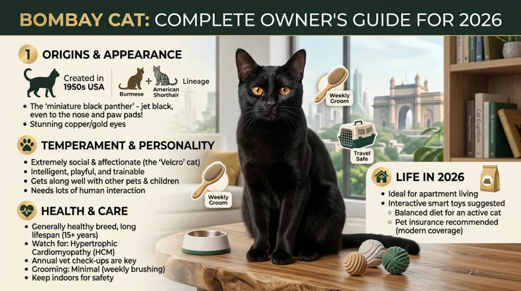 The Bombay cat combines the looks of a miniature black panther with the loving temperament of the world's most affectionate lap cat.