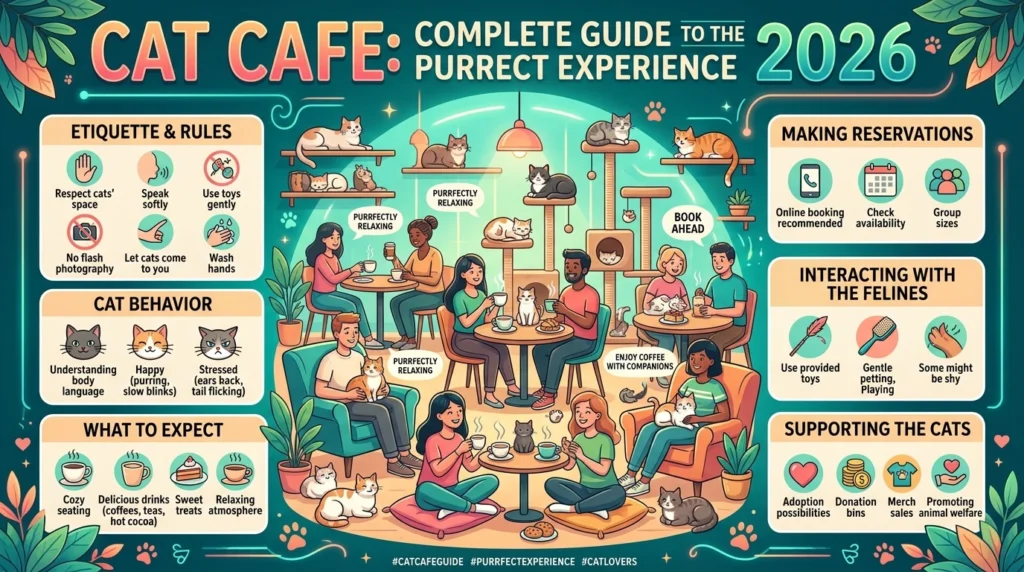 Cozy cat cafe interior with cats relaxing near coffee cups and customers