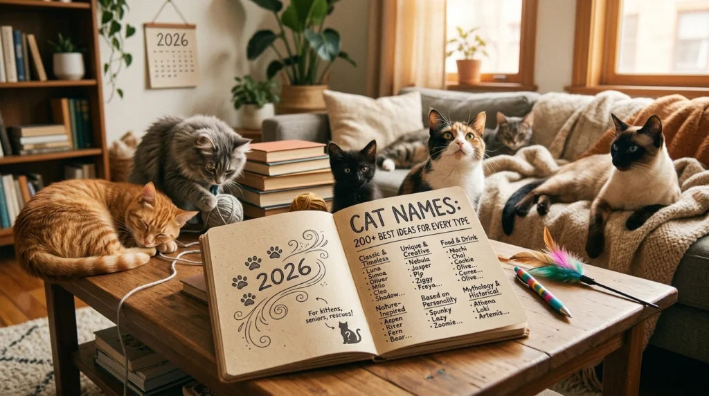 Cute cat sitting next to a chalkboard showing popular cat names