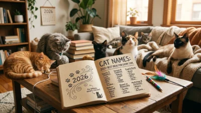 Cute cat sitting next to a chalkboard showing popular cat names